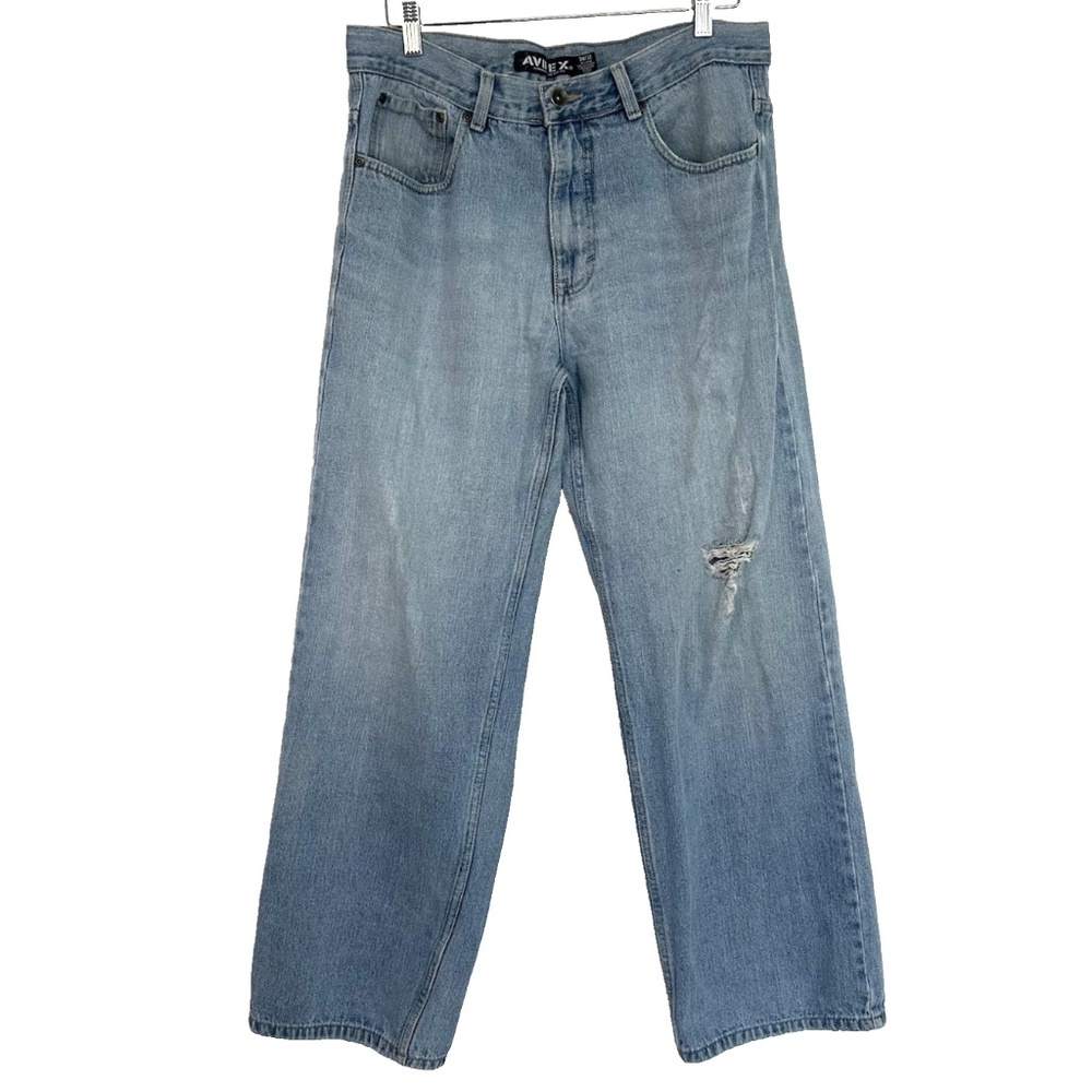 Avirex Mens Baggy Jeans  34x30 Y2K Skater Distressed Blue Denim Hip Hop